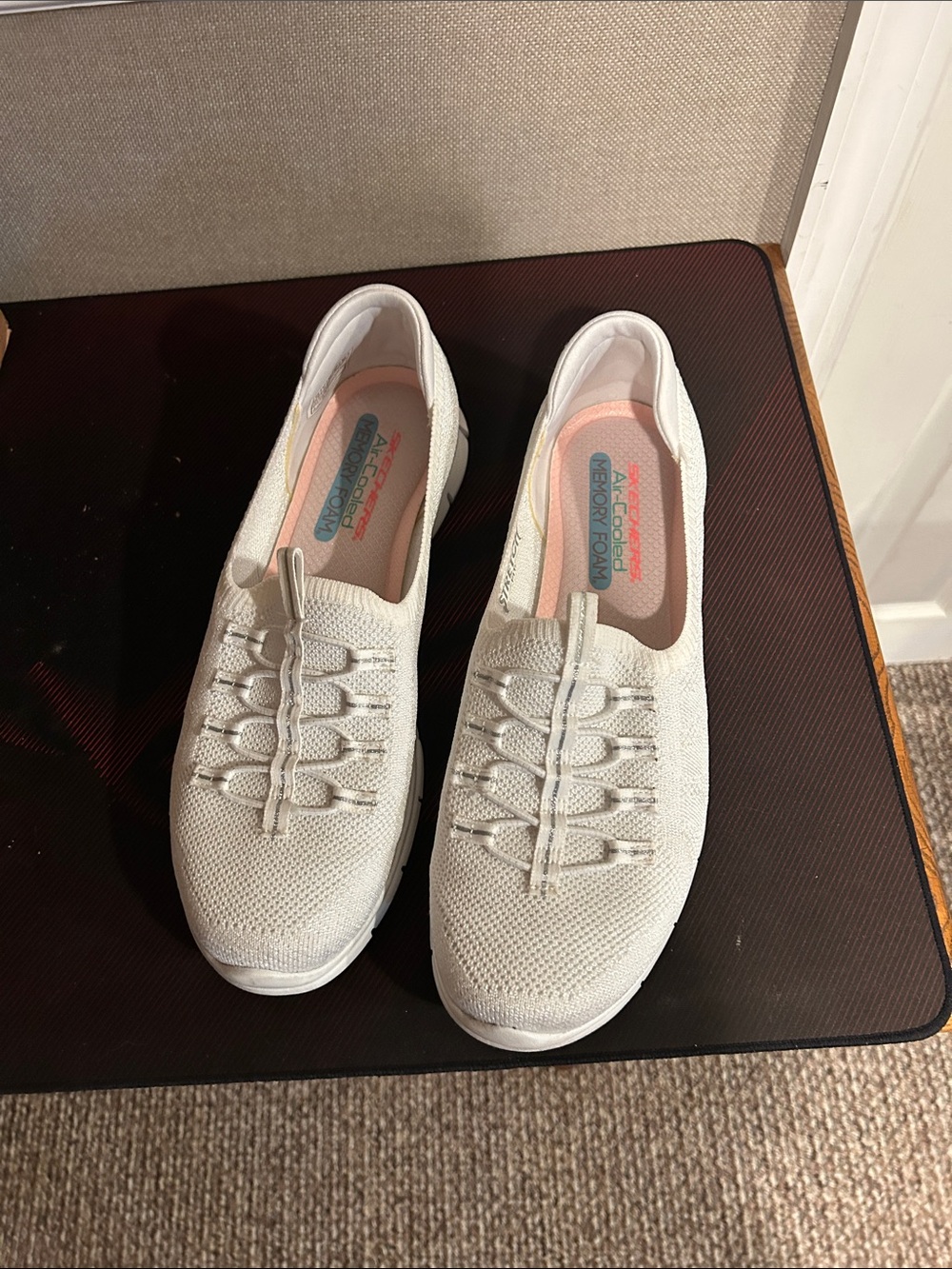 Skechers Slip-On Knit Walking Sneakers - White with Pink Insole